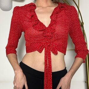 Red wrap polka dot crop top